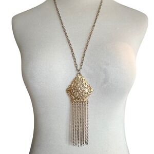 Vintage Boho Style Tassel Statement Necklace Gold Tone Festival Estruscan  Mogul